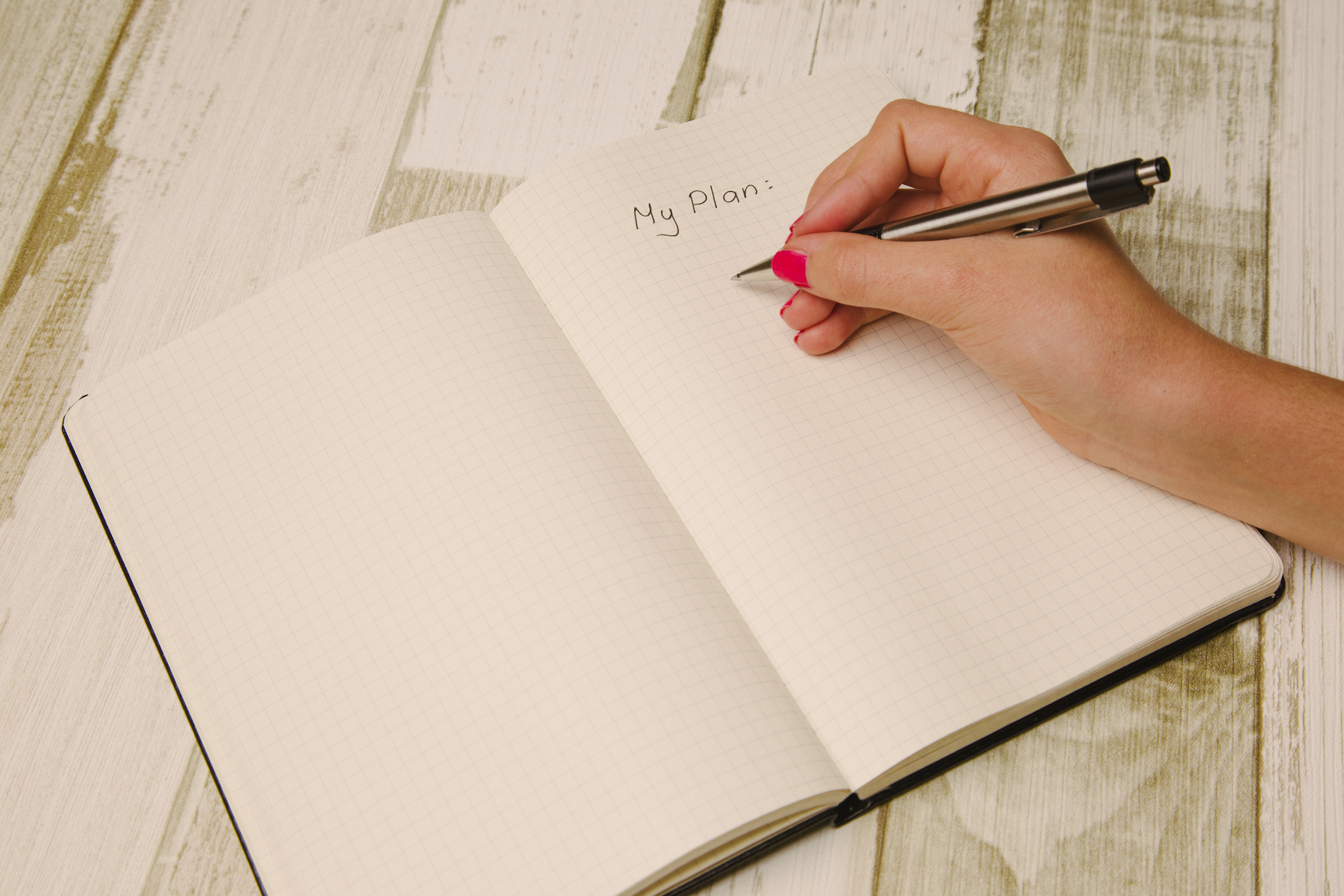 Female hand holding a pen and writing a plan in a planner